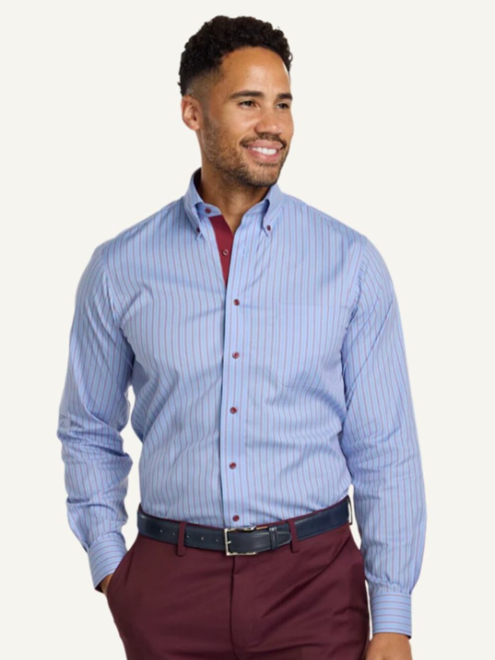 Paul Fredrick Comfort Stretch Blue Dress Shirt with Red Stripes